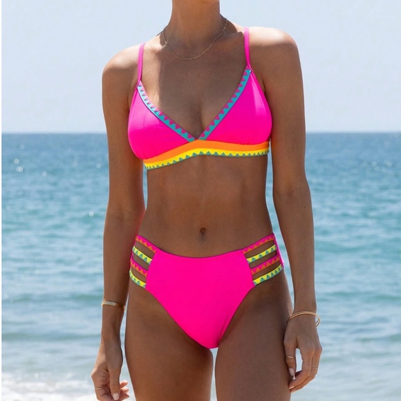 Vibrant Color Block Triangle Cut out High Waisted Bikini Swimsuit - Picture 2 of 5